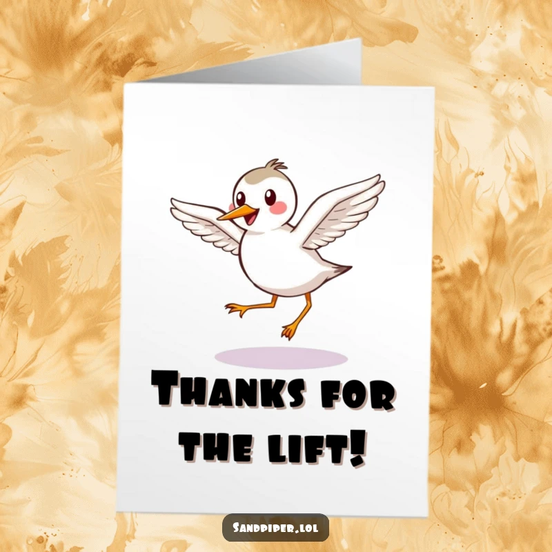 Funny free printable thank you card with a happy sandpiper with outstretched wings taking a graceful hop, conveying thanks with warmth.