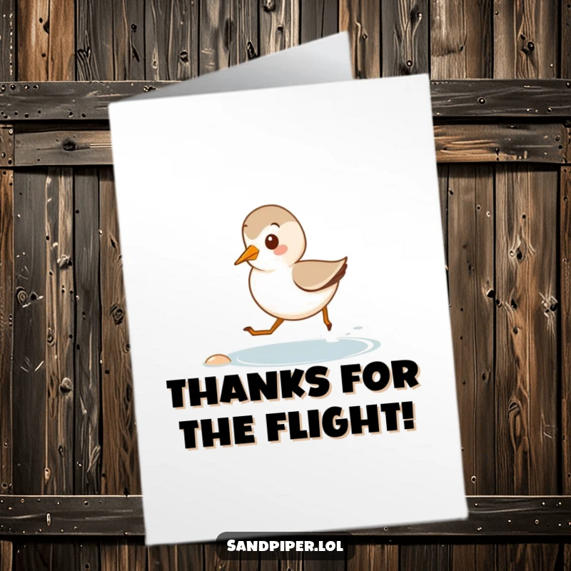 Funny Free Printable Thank You Card: A happy sandpiper character runs merrily along a small shoreline.
