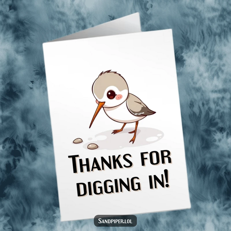 Free Printable Thank You Card: Sandpiper character playfully digging its thin beak, finding treasures.