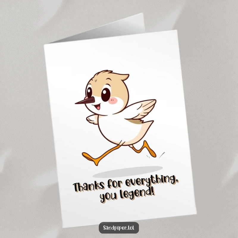 Funny Free Printable Thank You Card: A sandpiper character dashes sideways with a wide, happy smile.