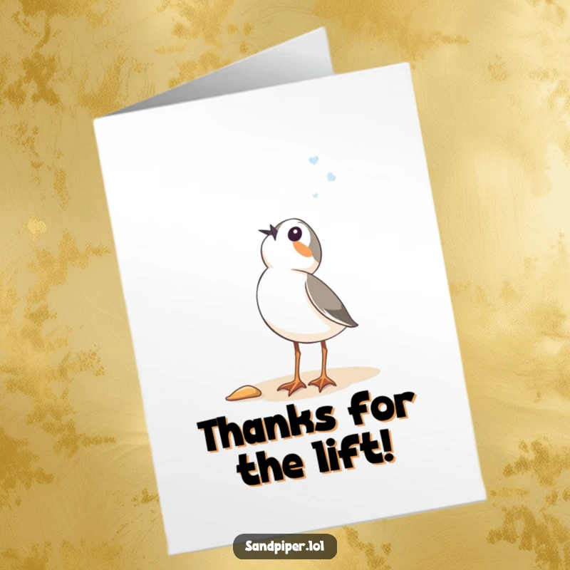 Funny Free Printable Thank You Card: Sandpiper looking up at the sky in thankful wonder, a unique way to say thanks.