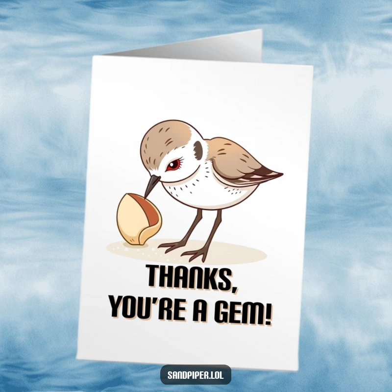 Funny Free Printable Thank You Card: Cute sandpiper looking down intently at a found seashell, expressing thanks with gentle curiosity.