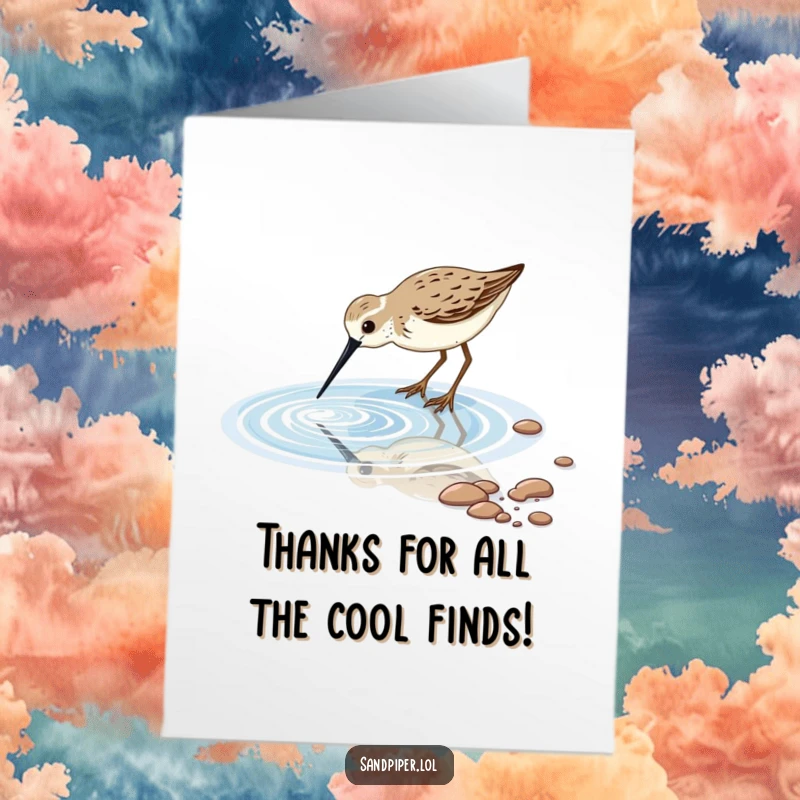 Funny Free Printable Thank You Card: A sandpiper bird dipping its long beak into a sparkling tidal pool, expressing gratitude.