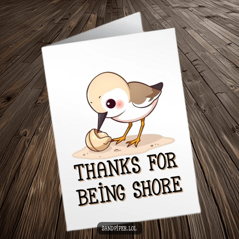 Funny free printable thank you card featuring a sandpiper curiously pecking a tiny shell, a charming and humorous downloadable message.