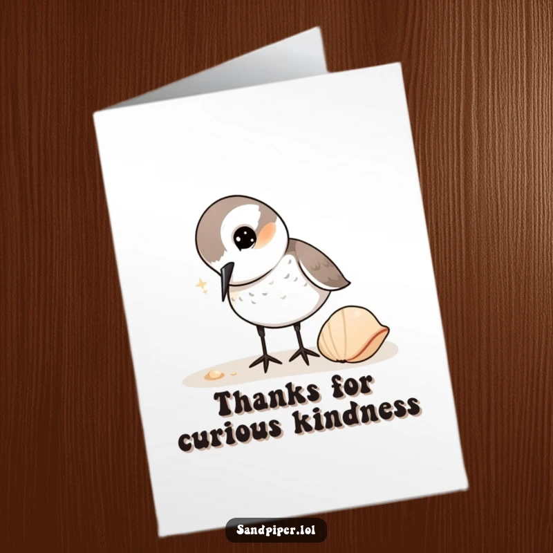 Funny Free Printable Sandpiper Thank You Card: A sandpiper curiously pecks at a shell, conveying thanks.