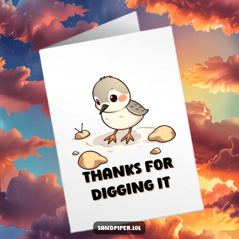 Funny Free Printable Thank You Card of a sandpiper character playfully digging in sand, expressing sincere thanks.