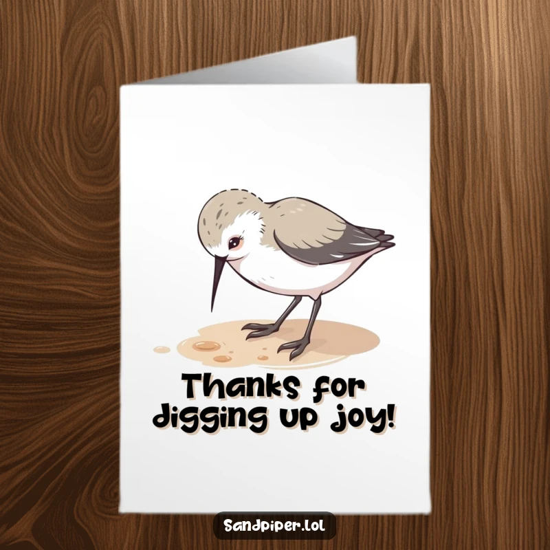 Funny free printable thank you card: A sandpiper character curiously pecks at the ground, offering thanks with charm.