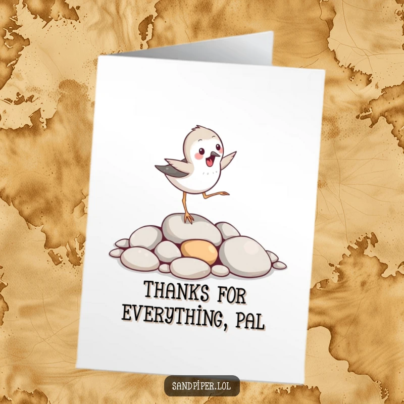 Funny Free Printable Thank You Card featuring a sandpiper bird hopping playfully over smooth pebbles, perfect for saying thanks.
