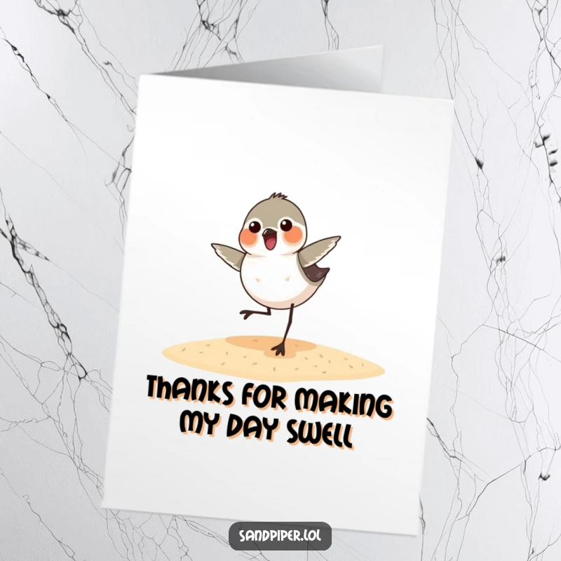 Funny Free Printable Sandpiper Thank You Card: A cheerful sandpiper doing a silly dance, expressing sincere thanks with playful energy.