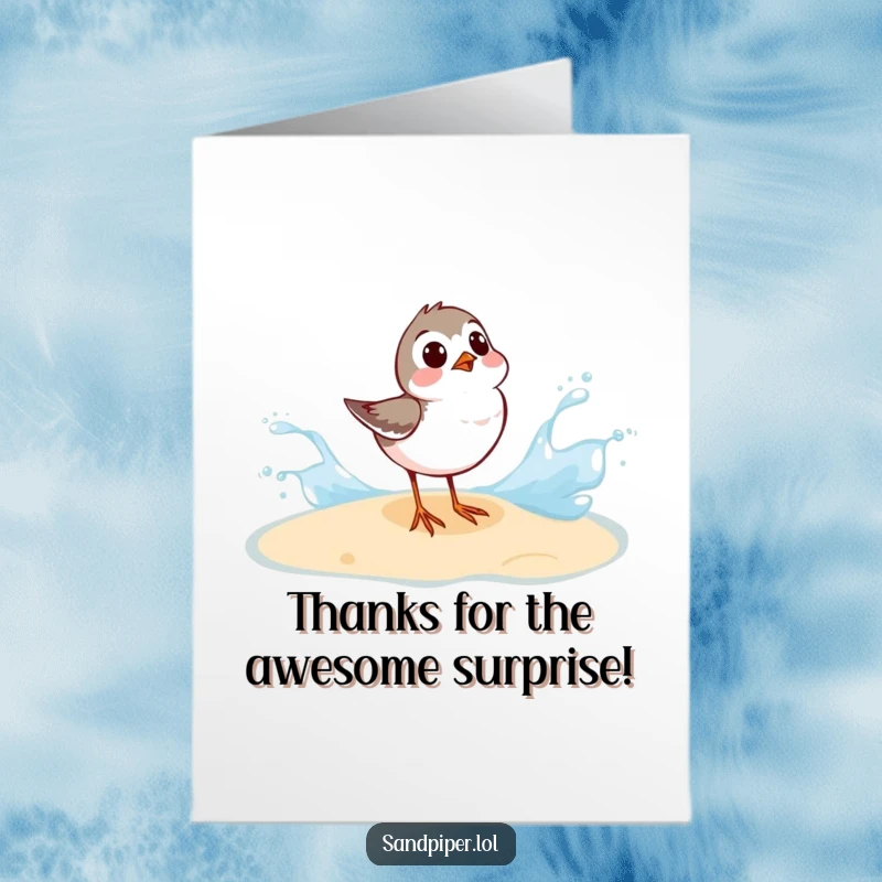 Funny Free Printable Sandpiper Thank You Card, sandpiper looking shocked by a wave splash, comical wet bird