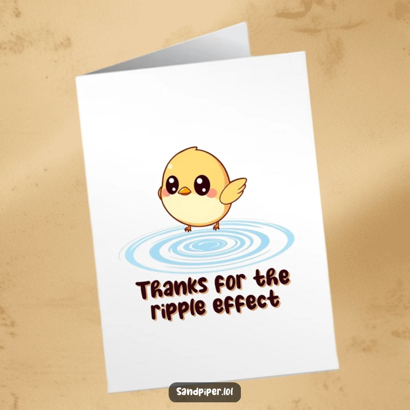 Funny free printable thank you card: a wide-eyed bird playfully chases a bouncing ripple, conveying gratitude with a comical twist.