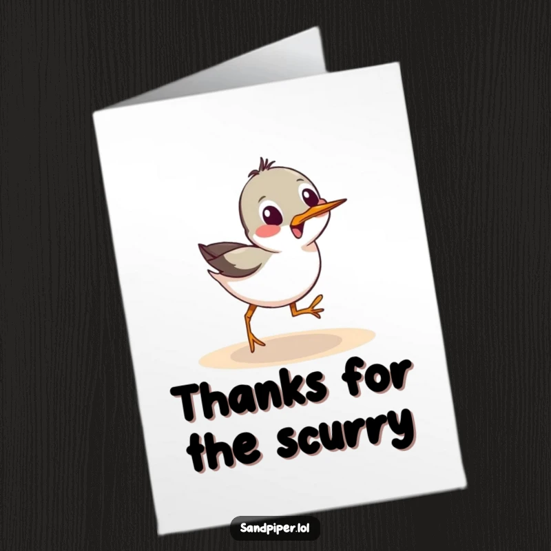 Funny Free Printable Thank You Card: A sandpiper character executes a funny sideways scurry, conveying lively thanks.