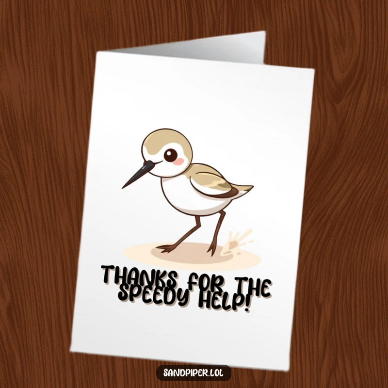 Funny Free Printable Thank You Card: Sandpiper doing a lightning-fast zigzag, conveying thanks with energetic, quirky charm. A downloadable thank you.
