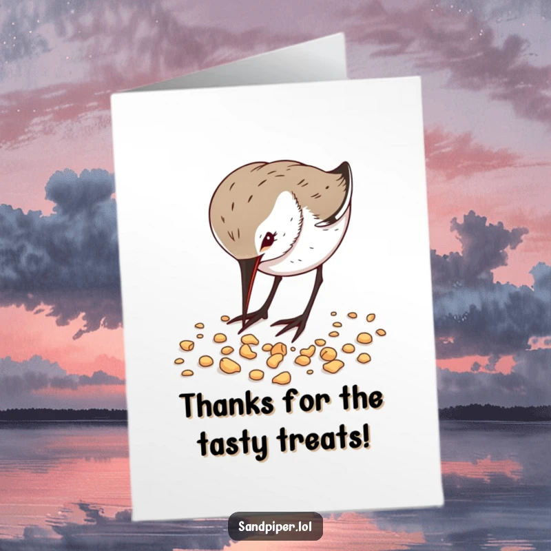 Funny Free Printable thank you card of a sandpiper enthusiastically pecking at scattered crumbs, expressing thanks with delight.