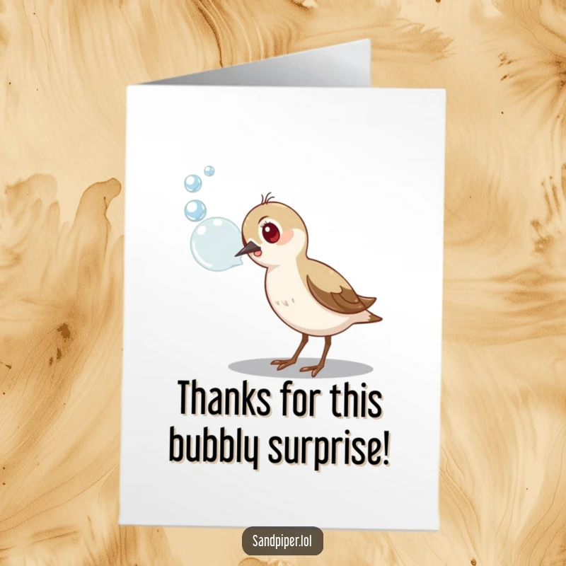 Funny Free Printable Sandpiper Thank You Card: A sandpiper with a curious tilt expresses thanks by pondering a delicate foamy bubble.