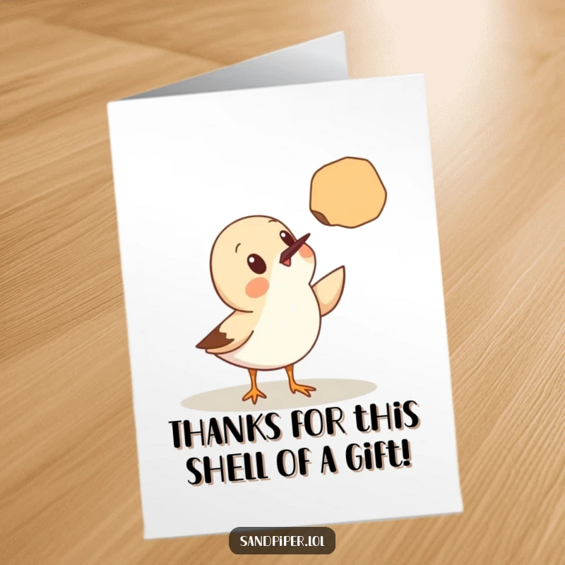 Funny Free Printable Thank You Card: Cute sandpiper looks surprised at a floating seashell, a charming thank you.