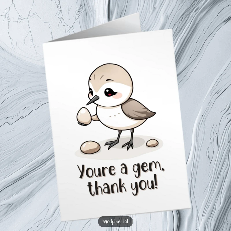 Funny Free Printable Thank You Card: Sweet sandpiper holding out a shiny pebble, a gentle and thoughtful gesture of thanks.