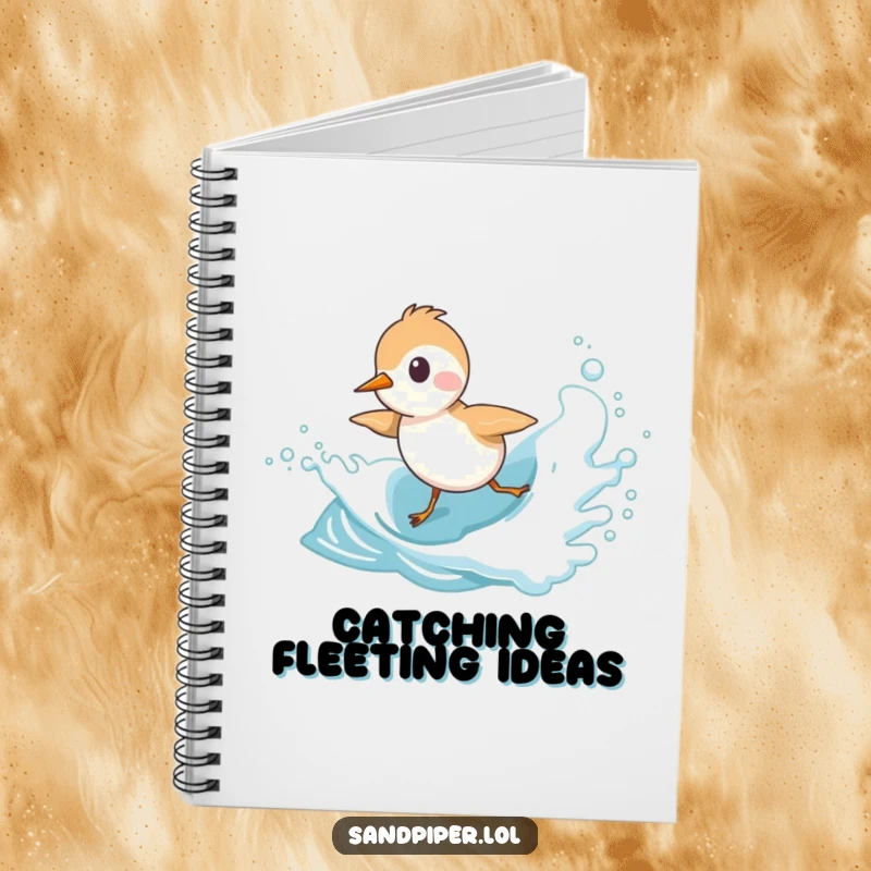 Funny Sandpiper Notebook with a cute bird character playfully chasing an ocean wave, perfect for beach-themed notes.