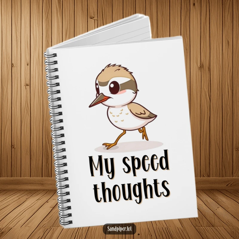 Funny Notebook: An alert sandpiper character ready to sprint, perfect for jotting down quick notes or ideas.