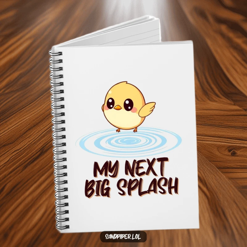 Funny notebook cover showing a small bird with wide, curious eyes chasing a bouncing water ripple, inspiring creative thoughts.