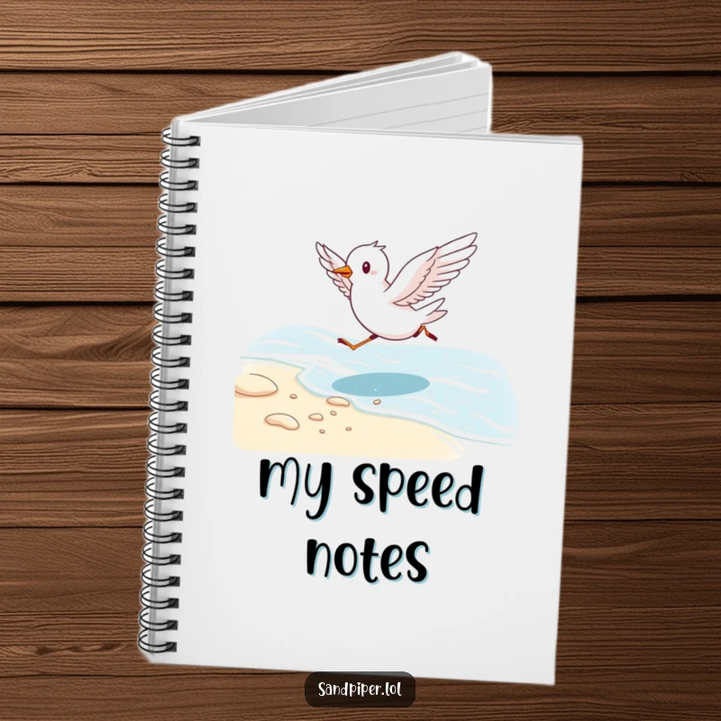 Funny notebook featuring a cute bird running energetically along a shoreline with wings outstretched, ideal for beachy notes.