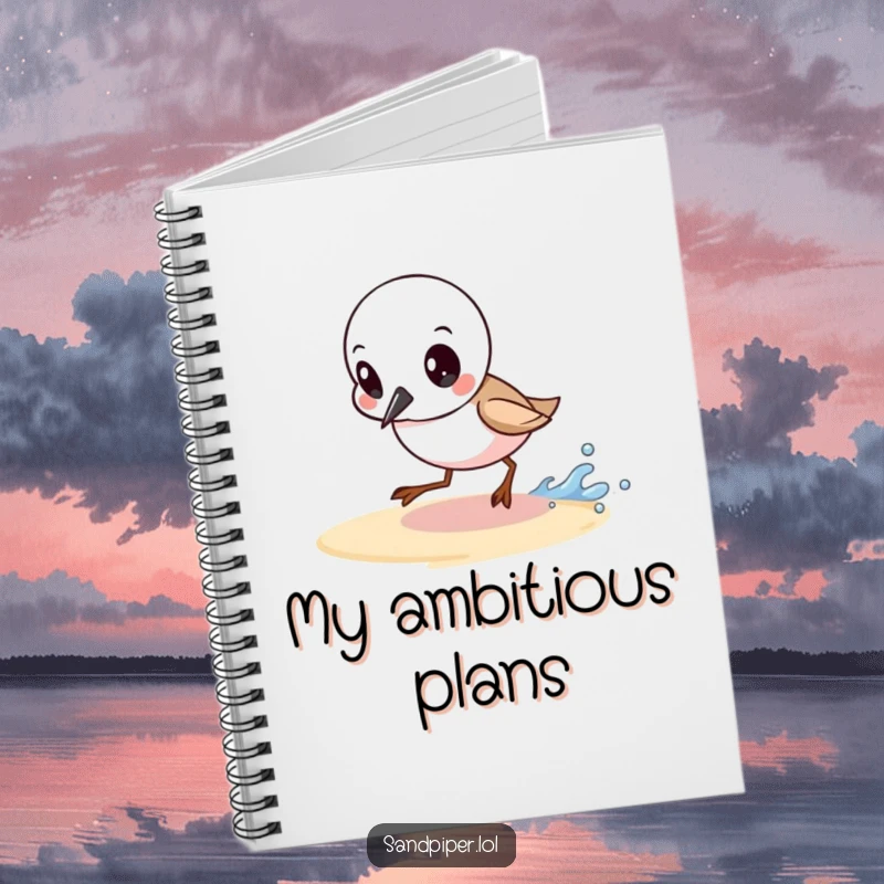 Funny notebook featuring a determined sandpiper chasing a wave, perfect for jotting down ambitious plans and ideas.