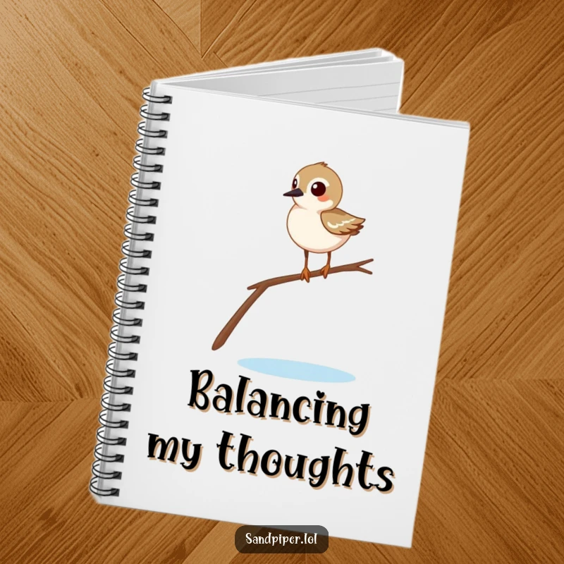 Funny sandpiper notebook featuring a comical bird balancing on a twig, designed to inspire humorous notes and ideas.