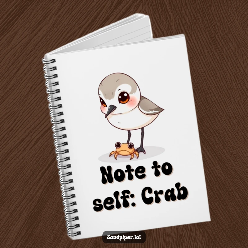 Funny sandpiper notebook, curious bird watching tiny crab, humorous journal, creative writing, perfect gift for note-takers.