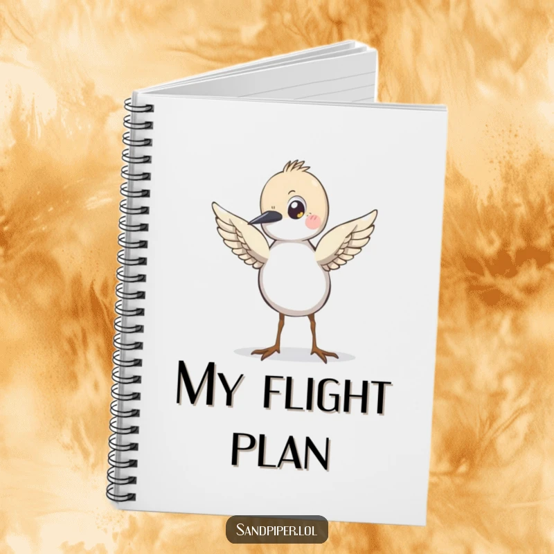 Funny Sandpiper Notebook, featuring a cartoon bird with wings slightly raised, looking ready for flight, ideal for writing ideas.