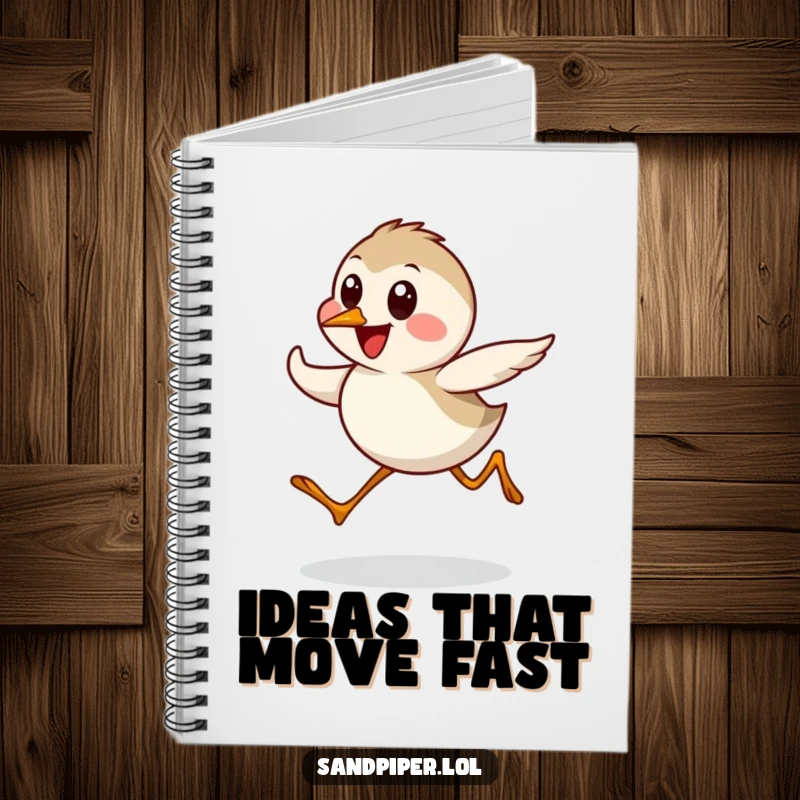 Funny Sandpiper Notebook with a cute bird character in a quick, happy dash, perfect for notes and creative writing.