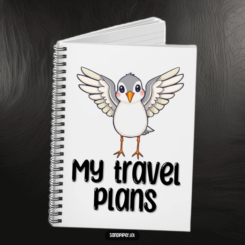 Funny notebook with a cover showing a sandpiper with wings spread, appearing ready to fly, perfect for notes and travel dreams.