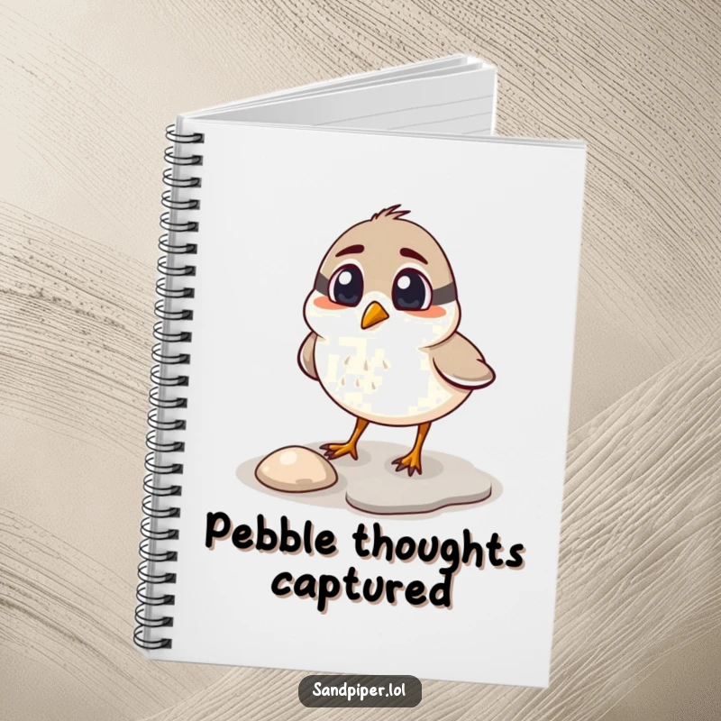 Funny sandpiper notebook, surprised bird pecking at a shiny pebble, humorous journal for curious minds.