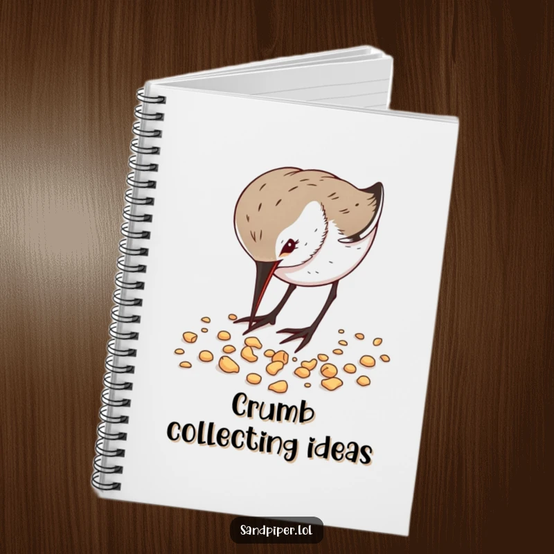 Funny Notebook with a sandpiper energetically pecking at crumbs, great for jotting down nature notes and creative ideas.