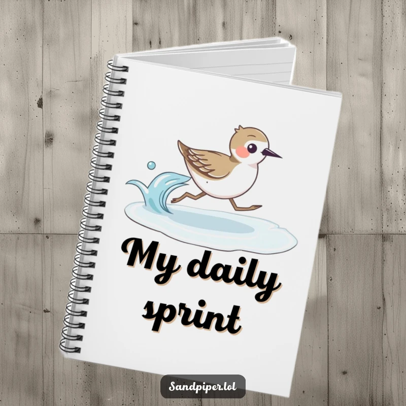 Notebook featuring a funny sandpiper bird running swiftly beside a gentle wave, perfect for jotting down seaside thoughts.