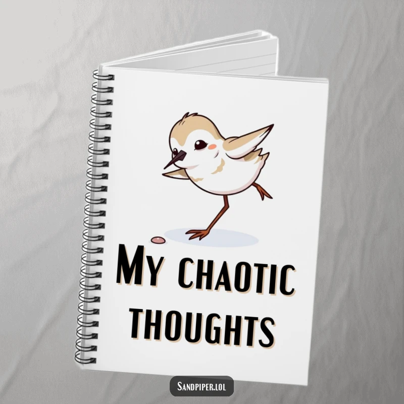Funny sandpiper comically tripping and regaining balance, spiral notebook, lined pages, humorous stationery.