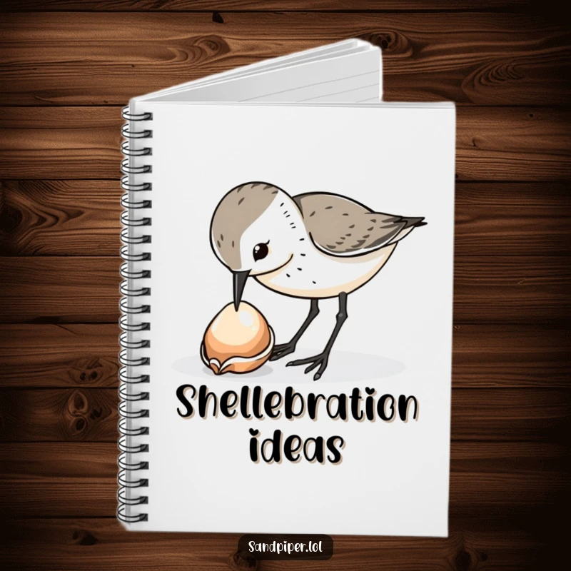 Funny sandpiper bird notebook, curiously pecking at a shiny dropped shell, stationery, useful funny gift.