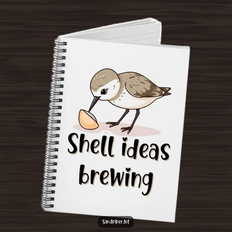 Funny sandpiper notebook displaying a curious bird pecking at a shell, designed to inspire inquisitive thoughts and notes.