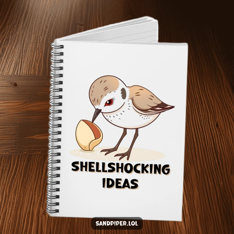 Funny notebook with a sandpiper curiously looking down at a seashell, perfect for jotting notes. A fun funny gift.