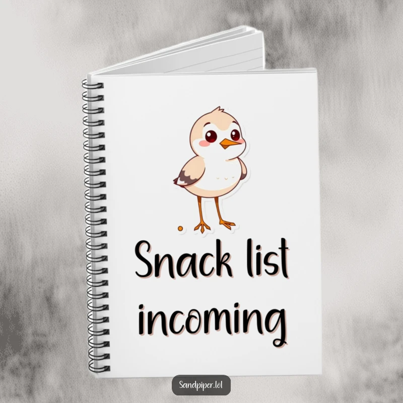 Funny sandpiper notebook, cheerful bird looking for snacks, humorous journal for foodie inspiration.