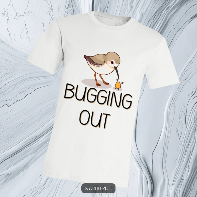 Funny t-shirt featuring a sandpiper playfully pecking at a tiny imaginary bug, a moment of focused silliness. A great funny gift.