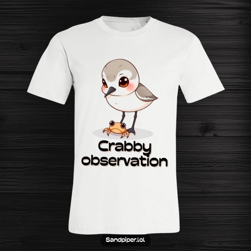 Funny sandpiper t-shirt, curious bird eyes watching tiny crab, beach wildlife, humorous apparel, ideal gift.