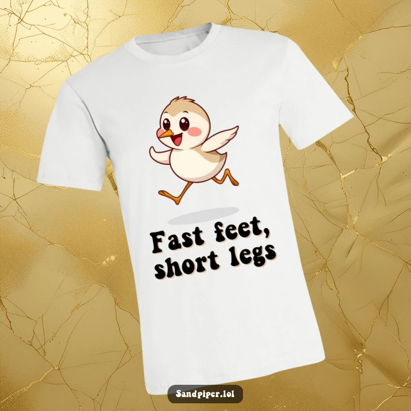 Funny Sandpiper T-Shirt showing a cute bird character joyfully sprinting, ideal for those who love fast-paced humor and birds.