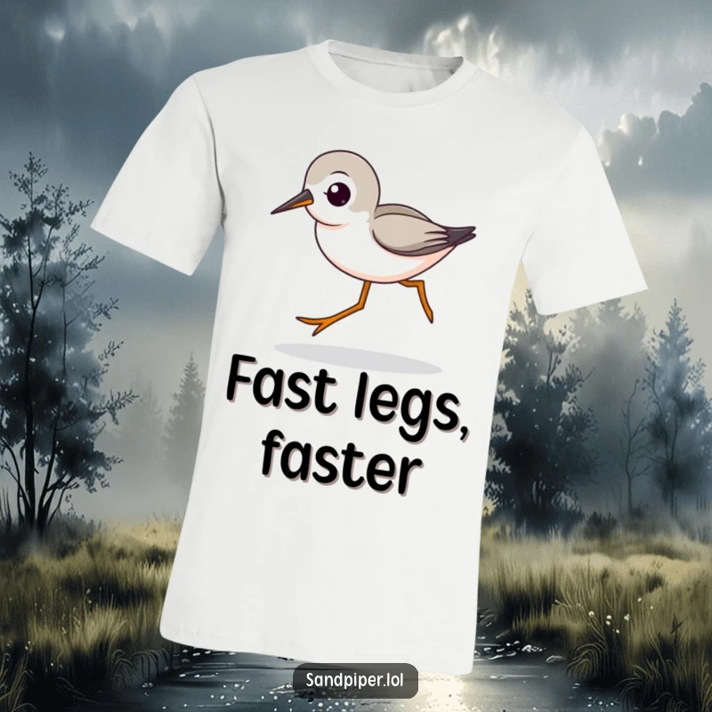 Funny t-shirt featuring a cute sandpiper character with its long legs striding rapidly, embodying speed and avian charm.