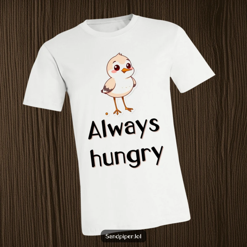 Funny sandpiper t-shirt, cheerful bird with curious expression beaming while searching for snacks, food humor.