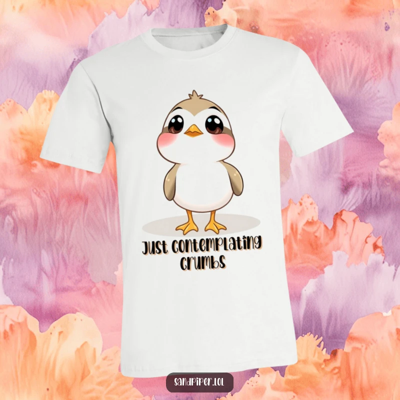Funny T-Shirt: A sandpiper bird looks up with big, expressive, wide eyes, conveying pure curiosity and innocence.