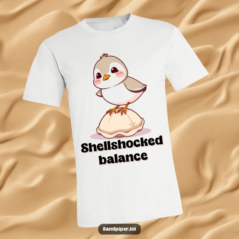Funny sandpiper t-shirt, giggling bird with rosy cheeks precariously balancing on a seashell, comical shore life.