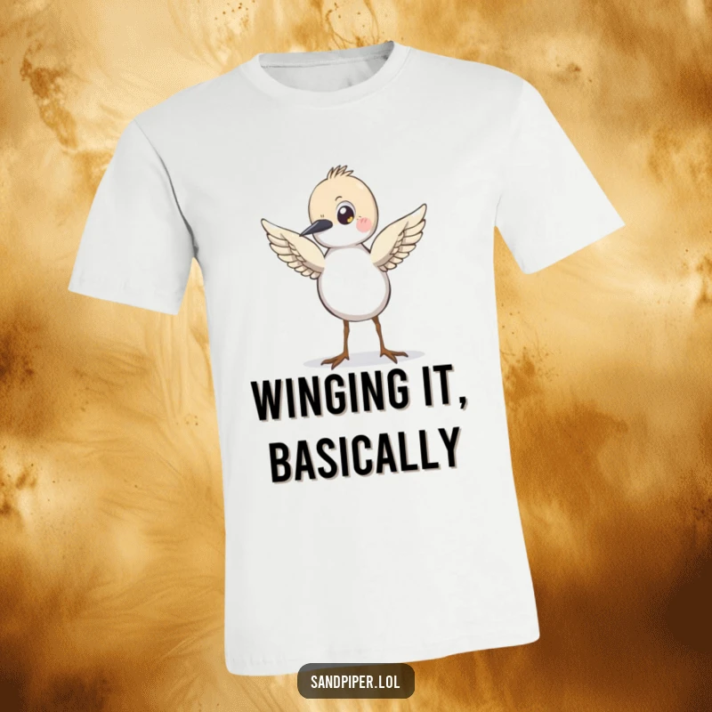 Funny Sandpiper T-Shirt, featuring a cartoon bird with wings slightly raised, appearing ready for an exciting flight, great for travelers.