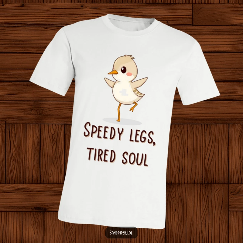 Funny sandpiper t-shirt showing a bird joyfully hopping with a determined and brisk gait.