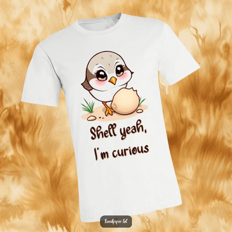 Funny T-Shirt: A sandpiper with wide, curious eyes looks at a shell, a delightful beach scene.