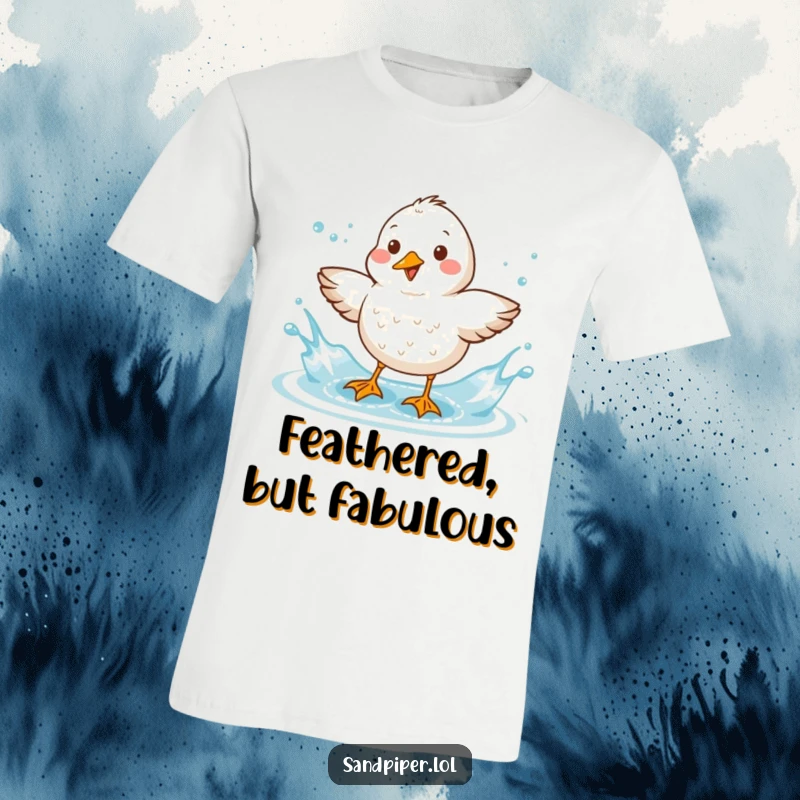 Funny Sandpiper T-Shirt: A happy sandpiper shakes water from its feathers with an energetic splash, conveying pure avian delight.